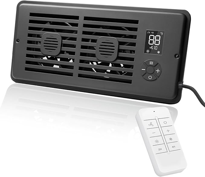 Register Booster Fan for 4" x 10" Vents Only, 10 Speeds to Control Cool & Warm Airflow, Air Conditioning Vents with LED Screen Remote & Thermostat Control, for Room Walls & Floors (Black)