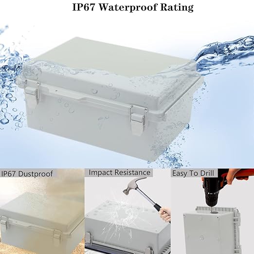 Zulkit Junction Box ABS Plastic Dustproof Waterproof IP67 Electrical Boxes Hinged Shell Outdoor Universal Project Enclosure Grey, Stainless Steel Buckles 10.2 x 6.3 x 3.9 Inch