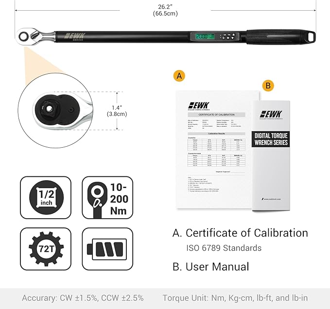 EWK 1/2" Drive Digital Torque Wrench 7.4-147.6 ft-lbs (10-200 Nm) with LED Display & Audible Buzzer, for Car Repairs and Medium to Heavy-duty Applications