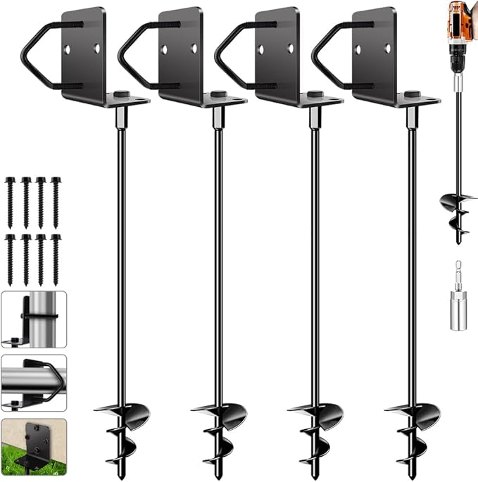 Ground Anchors Shed Anchors 27" Set of 4 Trampoline Stakes Screw in Heavy Duty Mobile Home - Storage Shed Anchor Kit - Playset Swing Anchors - Stakes for Fence,Carport,Garden (Black, 4 x 27in)