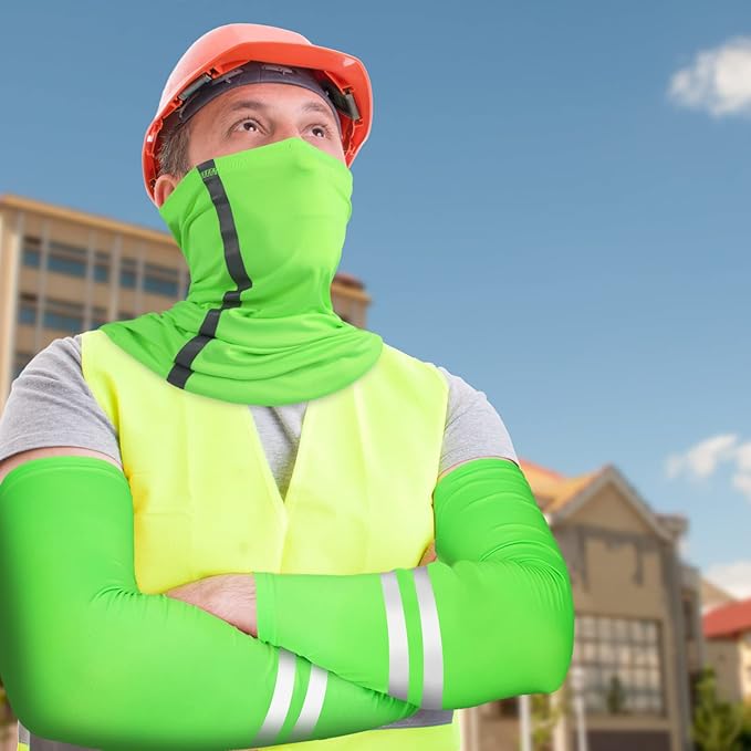 SATINIOR 3 Pcs Sun Hard Hat Neck Protection High Visibility Full Brim Mesh Sun Protection Bandana Headband Arm Sleeves with Reflective Strap for Construction Helmet Hard Hat(Neon Green)