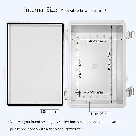 LeMotech Electrical Box, IP67 Waterproof Hinged Cover Stainless Steel Latch Junction Box, ABS Plastic Electrical Enclosure with Mounting Plate,Wall Brackets, Cable Glands,11.4"x7.5"x5.5",Grey