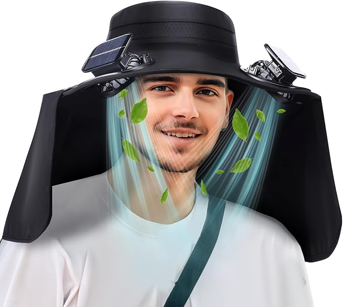 Chuarry Wide Brim Sun Hat with 2 Fan Outdoor Solar Powered USB Charging Fishing Hat with Neck Flap for Men Women
