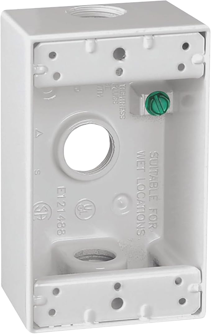 SIGMA ENGINEERED SOLUTIONS 14250WH Metal Electrical Outlet Box, Weatherproof, Easy Mount Plug and Receptacle Protector, White, (3) 1/2-Inch Holes, 1 Gang Box