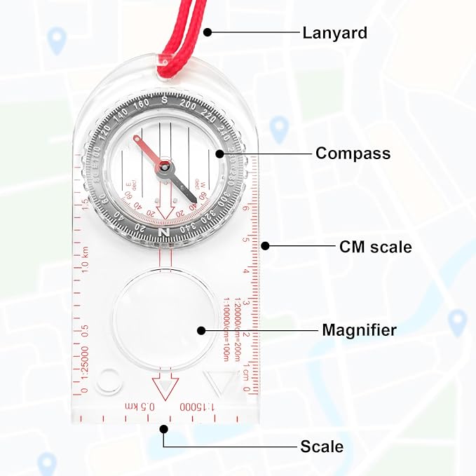 BlingKingdom Multifunctional Waterproof Navigation Compass Map Ruler Magnifier for Explorer Hiking Map Reading and Navigation with Adjustable Lanyard
