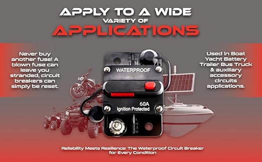 60Amp Circuit Breaker for Boat Trolling Motor Marine ATV Trailer Vehicles Battery Charger Golf Cart Solar System Inline Fuse with Manual Reset Switch Waterproof DC 12V-48V IP67