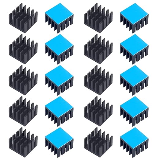 20PCS Black Aluminum Heat Sink with Thermal Conductive Adhesive Tape, 14×14×7mm Heatsink Cooler for Cooling VRM GPU Stepper Driver MOSFET VRam Regulators