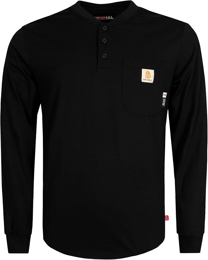 BOCOMAL FR Shirts 6oz Lightweight Flame Resistant Long Sleeve Henley Shirt Fire Retardant Workwear NFPA2112 CAT2