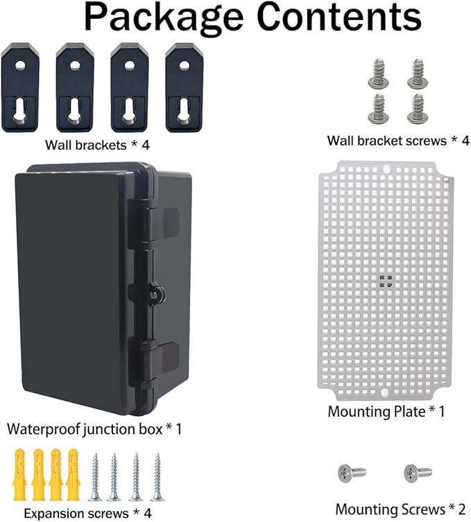 Junction Box, Hinged Black Cover IP67 Waterproof ABS Project Box with Mounting Plate Electrical Box Enclosure with Wall Bracket 8.3 x 5.1 x 4.3inch(210x130x110mm)