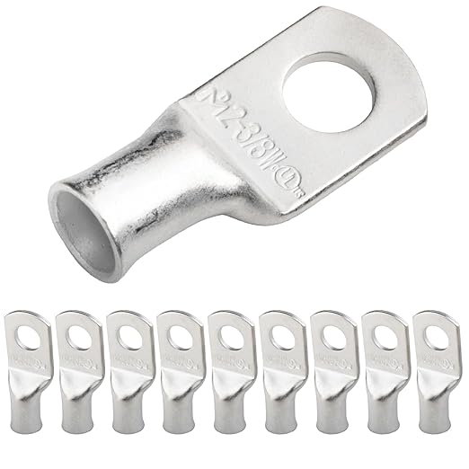 SELTERM 10pcs 2 AWG-3/8" Stud (Wide Pad) Tinned Copper Wire Lugs,Heavy Duty Battery Cable Ends,2 Gauge Ring Terminals,UL Battery Lugs Marine Grade Copper Eyelets Electrical Battery Terminal Connectors