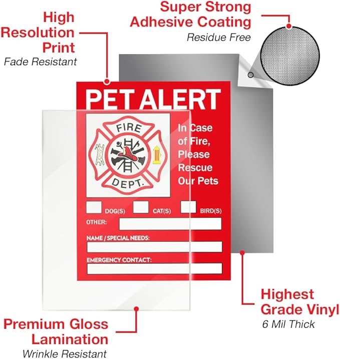 Pet Alert Safety Fire Rescue Sticker - Save Our Pets Emergency Inside Decal - House Home Window Door Sign