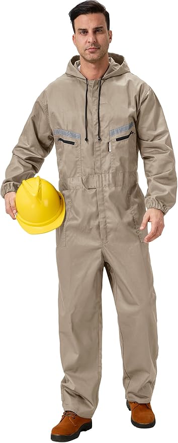 Mens Work Coveralls Mechanic Hooded Overall Workwear Jumpsuits Long Sleeve Hi Viz Coverall with Zippers