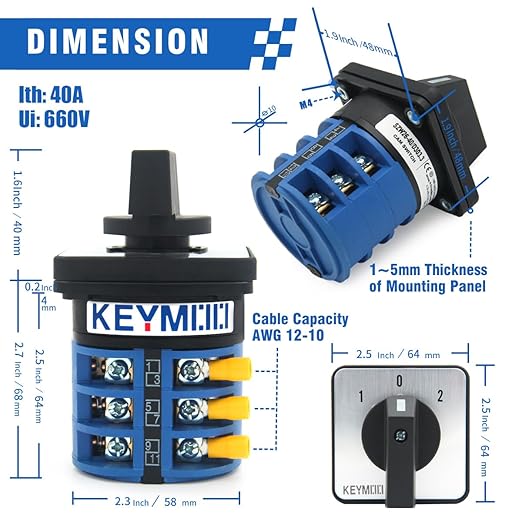 40A Rotary Changeover Switch With Exterior Box, 3 Position 3 Phase 12 Terminals, Universal Selector With AWG 12-10 Yellow Terminals, Cam Box IP65 40/D303.3D