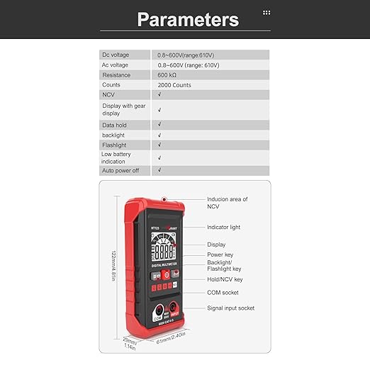 HT Automatic Digital Multimeter, 2000 Counts Smart Digital Multimeter Non Contact Volt DC Amp Meter Tester Digital Voltmeter for Ac/Dc Voltage Electric Meter Tester Tool (Red)
