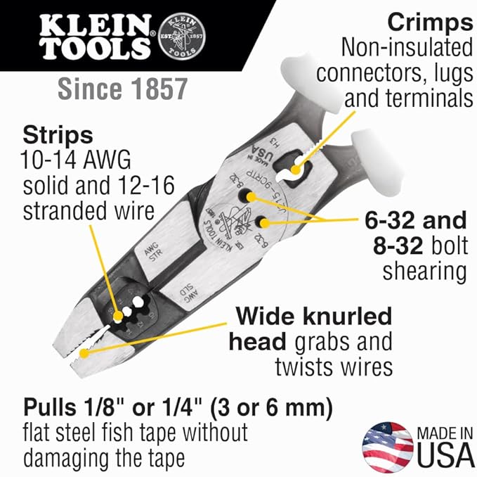 Klein Tools J2159CRTP Side Cutting Pliers, Made in USA, 9-Inch Journeyman High Leverage Hybrid Pliers with Crimper, Fish Tape Puller and Wire Stripper