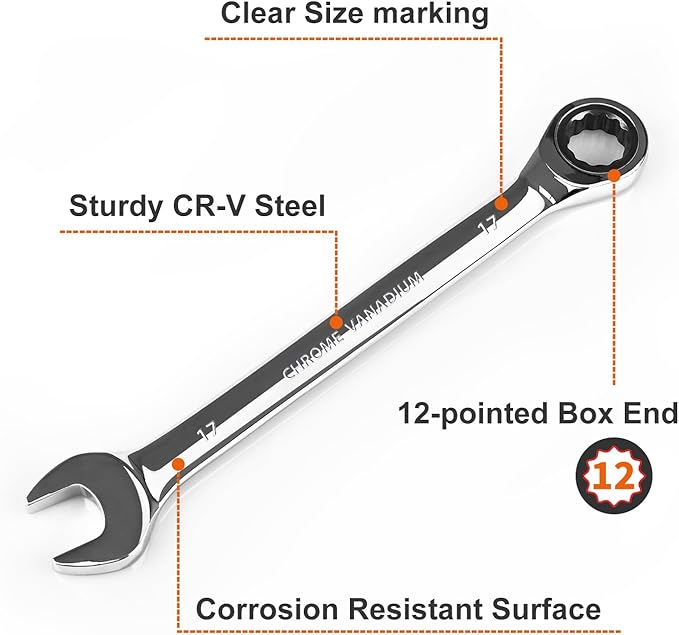 Egofine 17mm Ratcheting Combination Wrench Metric, Industrial Grade Gear Spanner with 12-Point Design, 72-Tooth Ratchet, Chrome Vanadium Steel