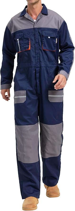 Men's Work Coveralls Multi Pockets Garage Work Jumpsuit Zip Coverall One Piece Workwear Mechanic Overalls