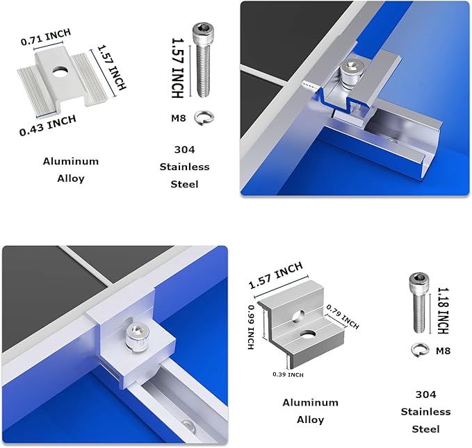 Solar Panel Mounting Brackets, Roof Mount Kit, Rails and Clamps Included for Thickness 1.18”-1.38”,2pcs in A Row Assembly on Tin, Flat and Sheet Rooftop, Aluminum Alloy