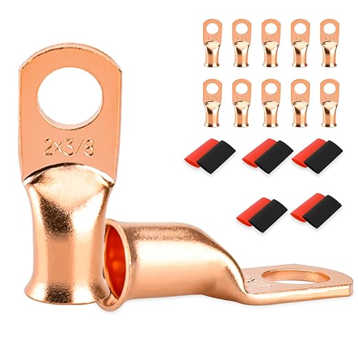10 PCS Battery Terminal Connectors, Battery Cable Ends Lugs, 2 Gauge Wire Connectors, 2 AWG 3/8" Stud Ring Terminals, Copper Wire Lugs with Heat Shrink Tubing.