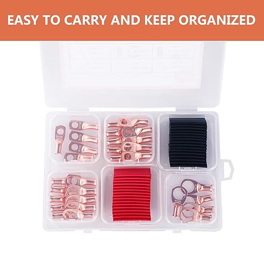 8 AWG Pure Copper Ring Terminal Kit (62 Pcs) - 30 Battery Lugs (1/4", 5/16", 3/8", 1/2") with 32 Heat Shrink Tubes for 8 Gauge Wire in Automotive, Solar, Inverter, Marine, RV Applications