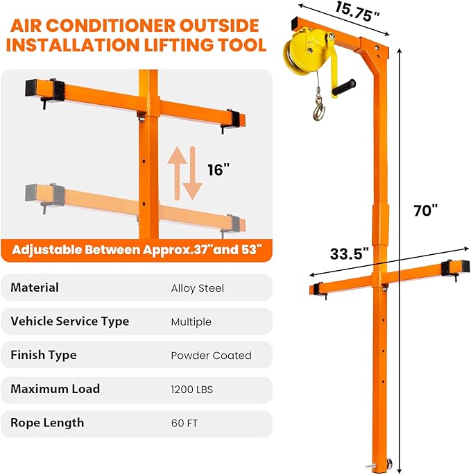 Air Conditioner Lifting Tool, 1200LBS Heavy Duty HVAC Hoist with 60FT Steel Cable, Portable AC Lifting Crane for Outdoor Installation, Self-Locking Manual Winch & Mounting Bracket, Carbon Steel