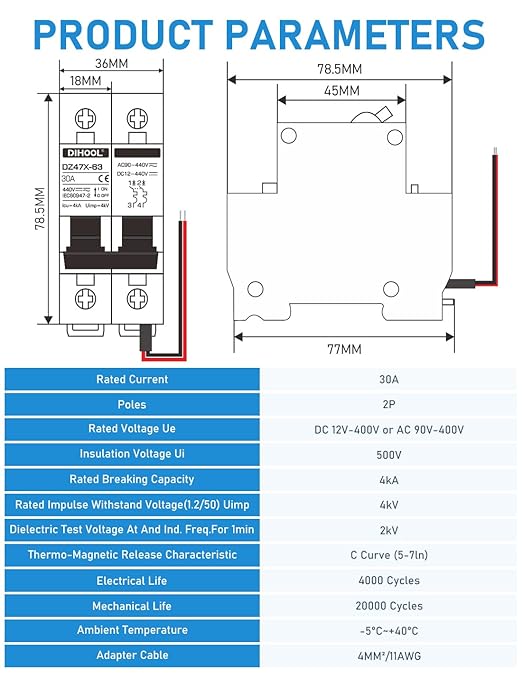 DIHOOL 30A DC Circuit Breaker with Remote Control, 12V-400V DC & 90-400V AC, 2 Pole Miniature Circuit Breaker, DIN Rail Mount Disconnect Switch