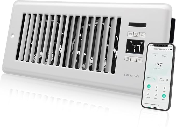 Super Quiet Register Booster Fan for 4" x 10" Register Holes, Smart Register Vent with Dual Intelligent Thermostat and WIFI App Control, Heating Cooling AC Vent Fan (White)