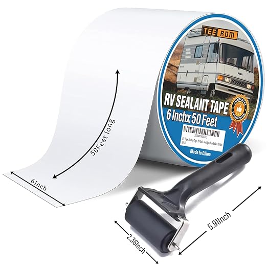 RV Roof Tape White,6 Inch X 50 Feet RV Sealant Tape with Rubber Roller,Camper Roofing Repair Sealant Tape, Waterproof Leak Tape for RV Repair,UV Resistant, Weatherproof, for Boat Sealing, Camper