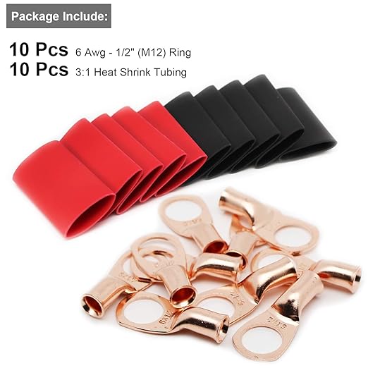 TKDMR 10pcs 6 AWG-1/2 Battery Lugs,Heavy Duty Wire Lugs,Ring Terminals,Battery Cable Ends,0 Guage terminals,Battery Terminal Connectors with 10pcs 3:1 Heat Shrink Tubing