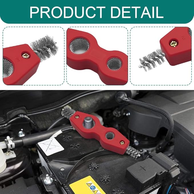 4 in 1 Car Battery Cleaning Brush, Battery Terminal Cleaner, Anti-Rust Car Terminals Machine Parts Cleaning Tool with Steel Wire, Auto Post Cleaner Brush Tool Fit for Vehicle & Marine (Red)