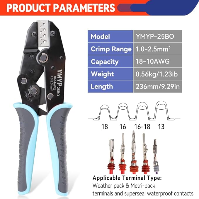 Crimping Tool for Delphi APTIV Weather Pack Terminals or Metri-Pack Connectors - AWG 18-13 (1.0-2.5mm²) with Chrome-Moly Steel Wire Cutting Jaw - One Cycle Crimping - Ratcheting Wire Crimper