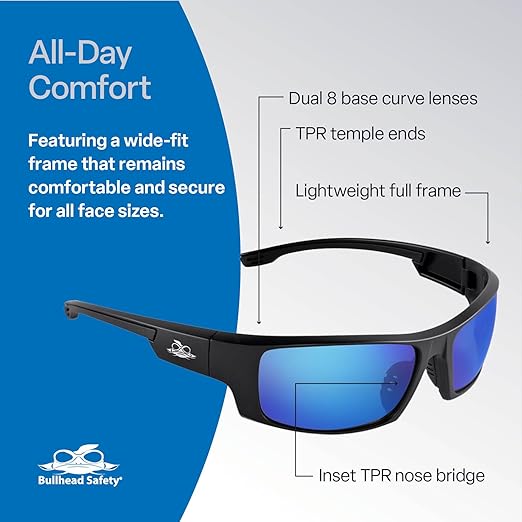 Bullhead Safety Dorado Safety Glasses with Dual Lenses, ANSI Z87+, Blue Light Glasses with UV Light Protection and Anti-Scratch Coating, Blue Revo Lenses, Matte Black Frame