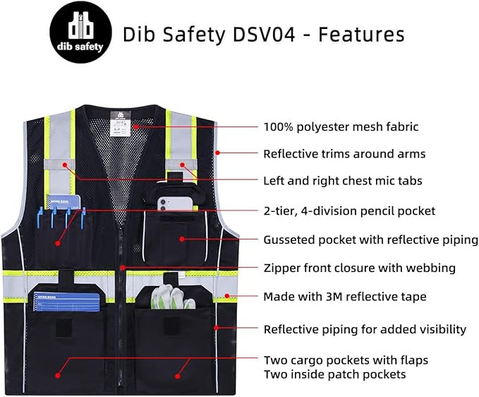 Dib Safety Reflective Vest Black Mesh, High Visibility Vest with Pockets and Zipper, Heavy Duty, Made with 3M Reflective Tape, L