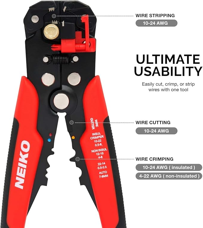 NEIKO 01924A 3-in-1 Automatic Wire Stripper, Cutter, and Crimping Tool, Auto Self-Adjusting Pliers that Cut up to 10 AWG