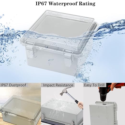 Zulkit Junction Box IP67 Waterproof Electrical Box Hinged Clear Cover Stainless Steel Latch Plastic Enclosure for Project w Mounting Plate Wall Bracket and 2 Cable Gland 5.9"x5.9"x3.5"/150x150x90mm