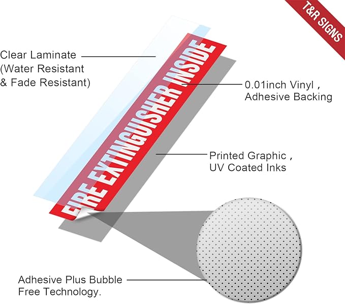 T&R Fire Extinguisher Inside Sign Stickers - 10 Pack - 9" x 1.7" Self-Adhesive Vinyl Reflective, UV resistant, Waterproof, Fade and Scratch Resistant, Suitable for Vehicles Indoor and Outdoor - Red