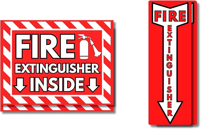 Fire Extinguisher Sign Premium Quality Vinyl Labels, 2 Designs 4 Pack, UV Resistant, Waterproof, Weatherproof, Fire Extinguisher Inside Sticker Signs Sizes 4 x 12 in & 6 x 8 in for Fire Extinguishers.