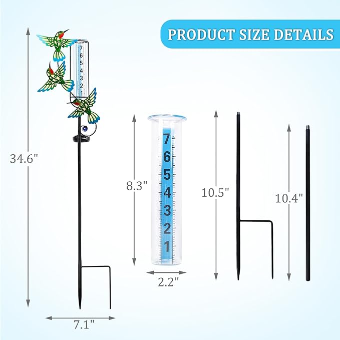 WONDER GARDEN Solar Rain Gauge Outdoor, Hummingbird Decorative Rain Gauges Outdoors Best Rated, Freeze Proof Water Rain Measure Gauge for Yard Patio Lawn Garden Decor