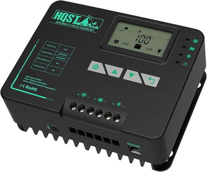 HQST MPPT Solar Charge Controller 20 Amp Negative Grounded Controller with Bluetooth LCD Display, 12V/24V DC Input Solar Panel Regulator for Gel Sealed Flooded and Lithium Battery