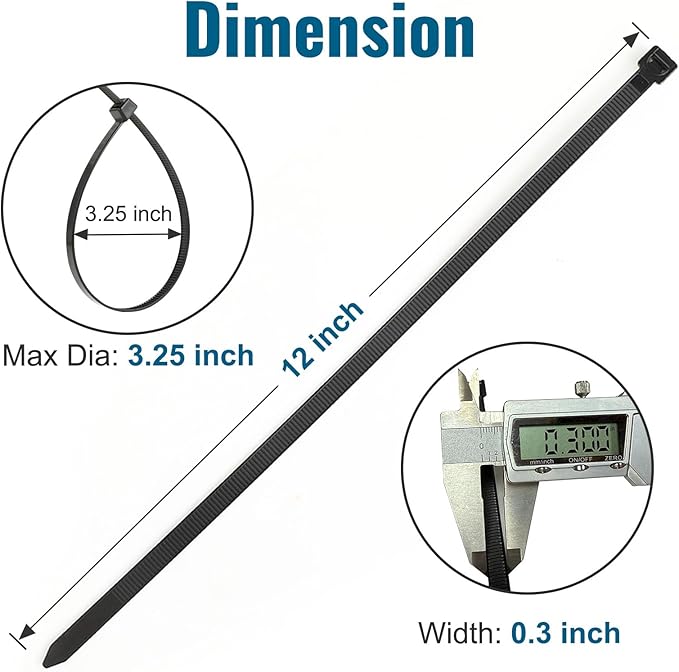 12-Inch Heavy Duty Black Cable Ties 100-Pack, 80 lb Tensile Strength and 0.3-Inch Width, UV Resistant Self-Locking Nylon for Indoor & Outdoor Use