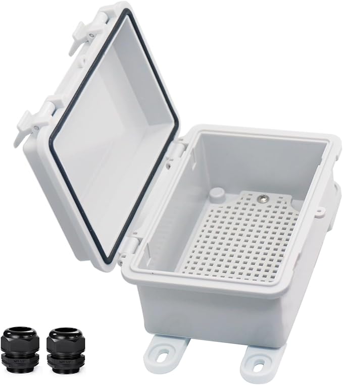 Waterproof Electrical Box Dustproof Junction Box Weatherproof IP67 ABS Plastic Enclosure Switch Router Project Box with Mounting Plate with Wall Bracket 2 Cable Glands Grey 5.9"x3.9"x2.8"