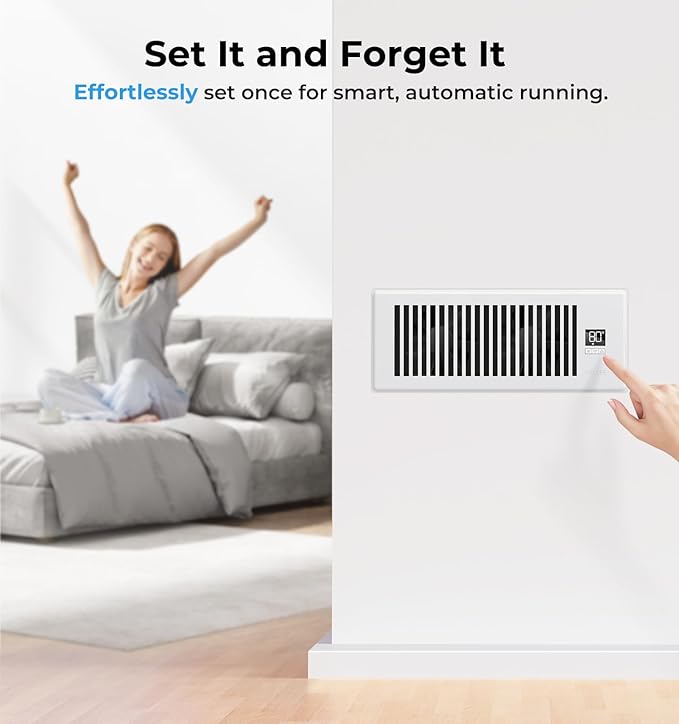 VELLEE Quiet Register Booster Fan Fits 4" x 12" (DUCT OPENING CUTOUT), 10-Speed Smart Heating Cooling AC Vent Booster Fan w/Remote Control & Thermostat Control (White) - Corded