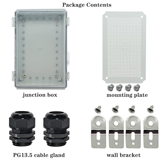Zulkit Junction Box IP67 Waterproof Electrical Box Hinged Clear Cover Stainless Steel Latch Plastic Enclosure for Project w Mounting Plate Wall Bracket and 2 Cable Gland 11"x7.5"x5.5"/280x190x140mm