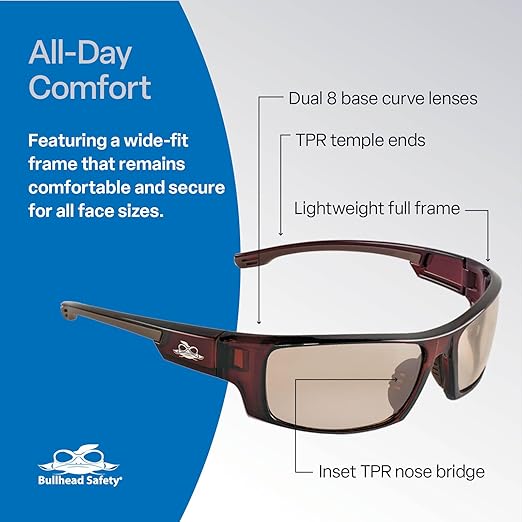 Bullhead Safety Dorado Safety Glasses With Dual Lenses, ANSI Z87, Blue Light Glasses With UV Light Protection And Anti-Scratch Coating, Indoor/Outdoor Copper Lenses, Crystal Brown Frame