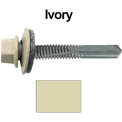 12 x 1-1/2" Ivory Type 5 Drill Point Roofing Screws - Hex Washer Head - Self-Starting/Tapping - EPDM Washer 6 X 250 Bags - 1,500 Screws