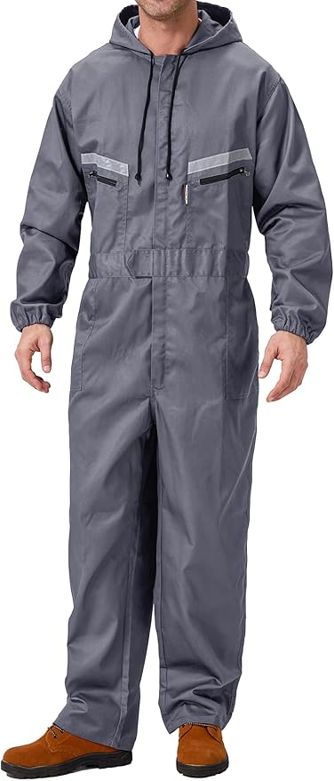 Mens Work Coveralls Mechanic Hooded Overall Workwear Jumpsuits Long Sleeve Hi Viz Coverall with Zippers