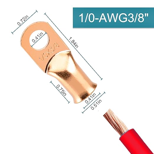 8 PCS Battery Terminal Connectors, Battery Cable Ends Lugs, 1/0 Gauge Wire Connectors, 1/0 AWG 3/8" Stud Ring Terminals, Copper Wire Lugs with Heat Shrink Tubing.