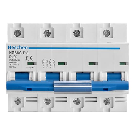Heschen DC Miniature Circuit Breaker, HSB6C-DC, 4 Poles, DC1000V 100A, Photovoltaic Circuit Breaker, for Solar PV System Solar Panels Grid System, 35mm DIN Rail Mounting