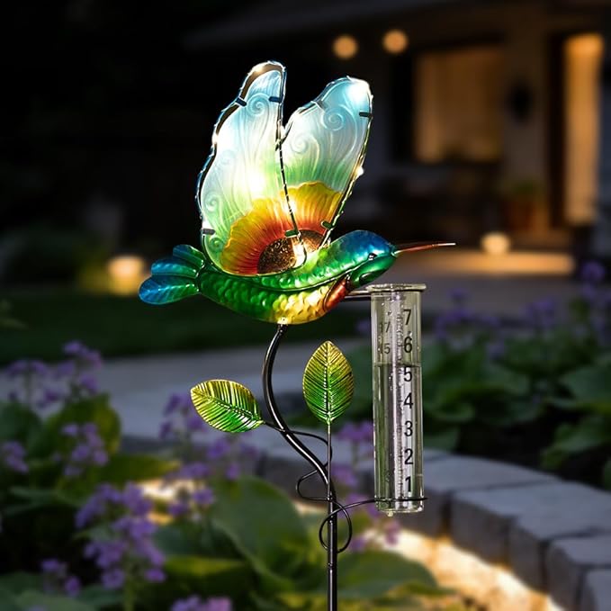 Rain Gauge Outdoor, Solar Hummingbird Rain Gauge with Metal Stake, 7 Inch Tube Decorative Rainfall Measurement, Stained Glass Rain Measure Gauge for Garden, Lawn, Patio