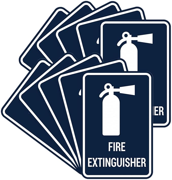 Signs ByLITA Portrait Round Fire Extinguisher Sign with Adhesive Tape, Mounts On Any Flat Surface (Navy Blue/White) - Large (10 Pack)